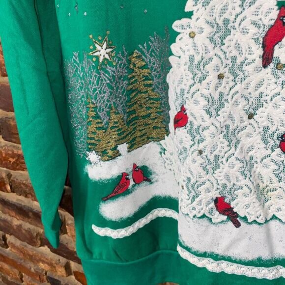 Nutcracker Christmas Holiday Vintage Green Cardinals Lace Sweatshirt Size 2X - Picture 4 of 8